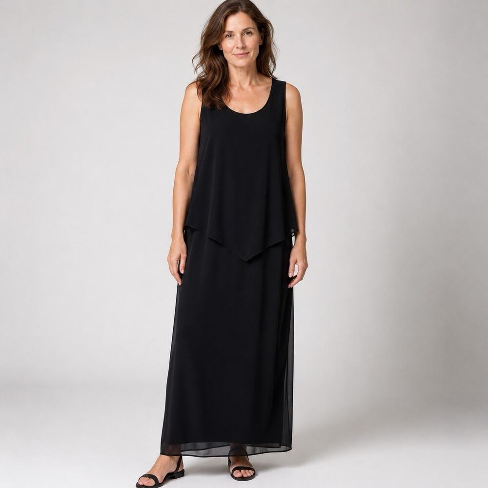 Ursula of Switzerland Sleeveless Midi Dress size 14 Black Asymmetrical Layered